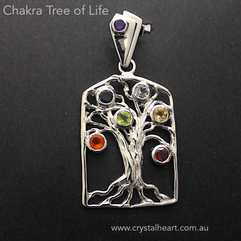 Chakra Gemstone Pendant, Tree of Life | 925 Sterling Silver | Faceted Round Stones | Garnet, Carnelian, Citrine, Peridot, Water Sapphire, Blue Topaz and Amethyst | Genuine Gems from Crystal Heart Melbourne Australia since 1986