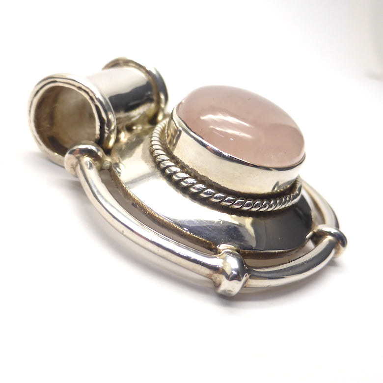 Rose Quartz Pendant | Oval Cabochon | Bold Design mixing Celtic Rope Work with Steam punk tubing, all in 925 Sterling Silver | Lovely deep pink |  Taurus Libra | Genuine Gems from Crystal Heart Melbourne Australia since 1986
