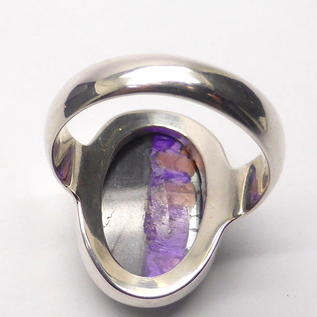 Sugilite or Luvulite Ring | Oval Cabochon | Light and Dark sides with chatoyancy | Beautifully Handcrafted in 925 Sterling Silver | US Size 7.5 | AUS UK Size O 1/2 | Genuine S. African Natural Stone | Activate Spiritual Vision | Crystal Heart Melbourne Australia since 1986 | Prof Sugi | Mt Fuji Japan 1947 | S.Africa 1986