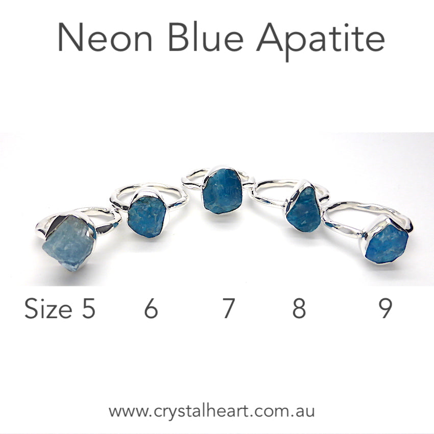 Neon Blue Apatite Ring | Raw Uncut Natural Nugget | Authentic Organic Look | 925 Sterling Silver | Simple Setting | US Size 5 6 7 8 9 | Genuine Gems from  Crystal Heart Melbourne Australia since 1986