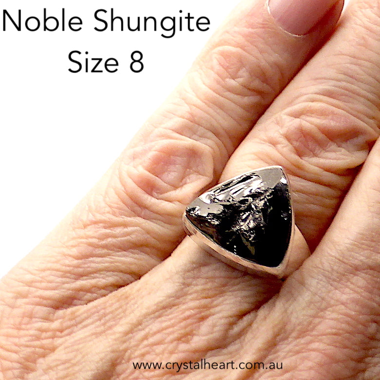 Noble Shungite Ring | 925 Sterling Silver | US Size 8 | AUS Size P 1/2 | Major Healing Stone | Fullerenes and Buckyballs | Purify Water | Channel Calm Healing Universal Energy | Protect from EMFs | Genuine Gems from Crystal Heart Melbourne Australia since 1986