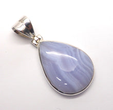 Load image into Gallery viewer, Blue Lace Agate Pendant | Teardrop Cabochon | 925 Sterling Silver | Besel Set | Hinged Bale | Delicate Sky blue | Throat Chakra | Unblock communication &amp; all forms of expression  | Genuine Gems from Crystal Heart Melbourne Australia since 1986