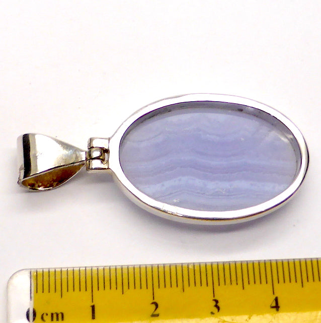 Blue Lace Agate Pendant | Oval Cabochon | 925 Sterling Silver | Besel Set | Hinged Bale | Delicate Sky blue | Throat Chakra | Unblock communication & all forms of expression  | Genuine Gems from Crystal Heart Melbourne Australia since 1986