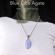 Load image into Gallery viewer, Blue Lace Agate Pendant | Oval Cabochon | 925 Sterling Silver | Besel Set | Hinged Bale | Delicate Sky blue | Throat Chakra | Unblock communication &amp; all forms of expression  | Genuine Gems from Crystal Heart Melbourne Australia since 1986