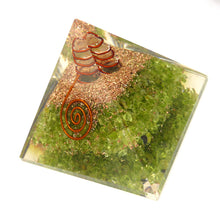 Load image into Gallery viewer, Orgonite Pyramid with genuine Peridot Chips | Clear Crystal Point conduit in Copper Spiral | Accumulate Orgone Energy | Light hearted joy | Overcome nervous tensions | Stone of Merchants and Wealth | Crystal Heart Melbourne Australia since 1986