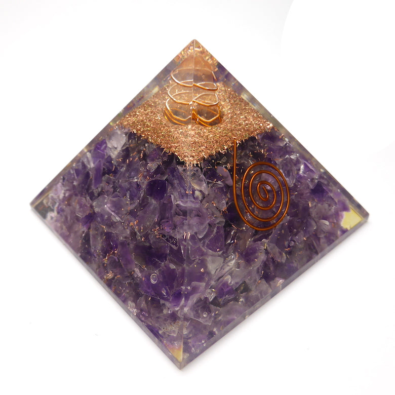 Orgonite Pyramid with genuine Amethyst Chips | Clear Crystal Point conduit in Copper Spiral | Accumulate Orgone Energy | Perfect Purple Amethyst | Harmony and Purifying Energies | Meditation | Crystal Heart Melbourne Australia since 1986