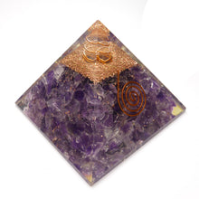 Load image into Gallery viewer, Orgonite Pyramid with genuine Amethyst Chips | Clear Crystal Point conduit in Copper Spiral | Accumulate Orgone Energy | Perfect Purple Amethyst | Harmony and Purifying Energies | Meditation | Crystal Heart Melbourne Australia since 1986