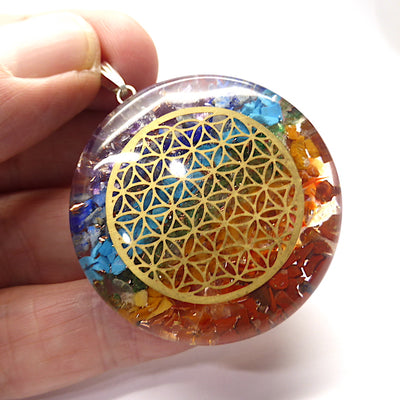 Orgone Crystal Chakra Pendant | Disc of Orgonite embedded with Chakra Crystals, promoting personal Harmony | Embedded Flower of Life Mandala adds a further dimension of Celestial Harmony | Crystal Heart Melbourne Australia since 1986