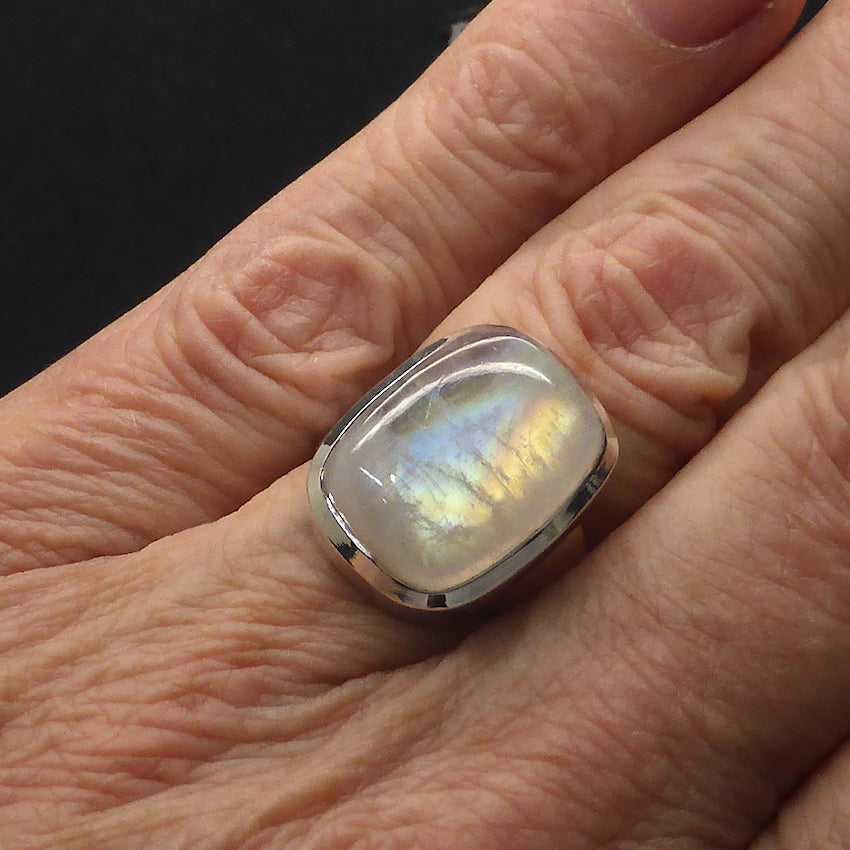 Ring Rainbow Moonstone | 925 Sterling Silver | Oblong Cabochon | Blue and Gold Flashes | US Size 8 | AUS Size P1/2 | Star Stone for Cancer Libra Scorpio | Genuine Gems from Crystal Heart Melbourne Australia since 1986
