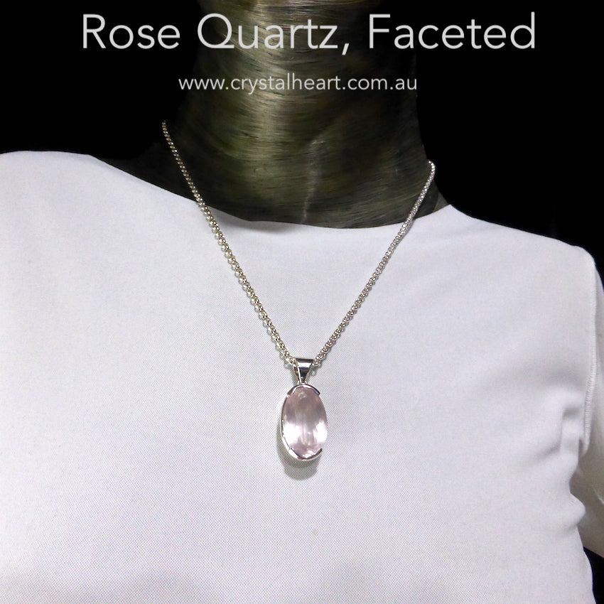 Rose Quartz Pendant | Faceted Oval | A little pale but flawless | 925 Sterling Silver | Quality Setting | Taurus Libra | Genuine Gems from Crystal Heart Melbourne Australia since1986