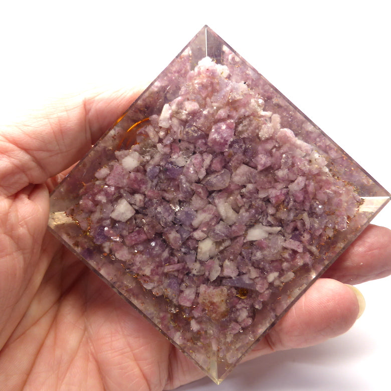 Orgonite Pyramid with genuine Lepidolite Crystal | Clear Crystal Point conduit in Copper Spiral | Accumulate Orgone Energy | Cool Mental Stress | Peaceful Warrior | Crystal Heart Melbourne Australia since 1986