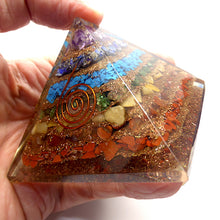 Load image into Gallery viewer, Orgonite Pyramid with genuine Chakra Stones | Clear Crystal Point conduit in Copper Spiral | Accumulate Orgone Energy | Balance and Energise whole system | Red Jasper, Carnelian, Golden Quartz, Emerald, Turquoise, Lapis Lazuli and Amethyst | Crystal Heart Melbourne Australia since 1986