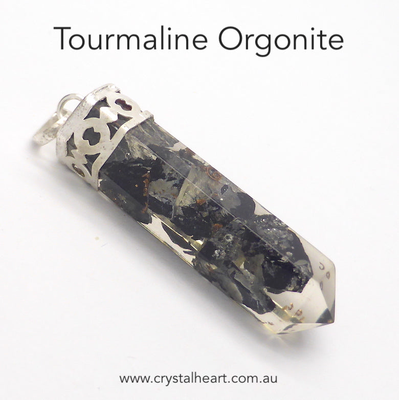 Orgone or Orgonite Pencil Pendant | Contains genuine Black Tourmaline Chips | Energise and unblock | Empower to clear negative energies | Genuine Gems from Crystal Heart Australia since 1986