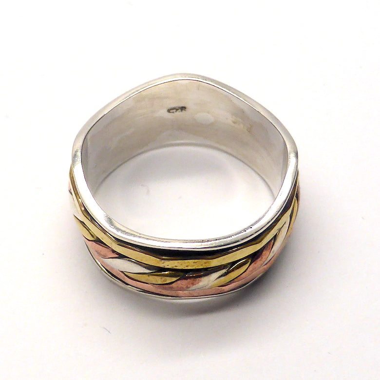 Spinning Ring 3 tone colour | 925 Sterling Silver | 10 mm band with silver wave pattern | 3 spinning bands, the central one a 3 tone knot work | The Brass and Copper look like Yellow and Rose Gold | Crystal Heart Melbourne Australia since 1986