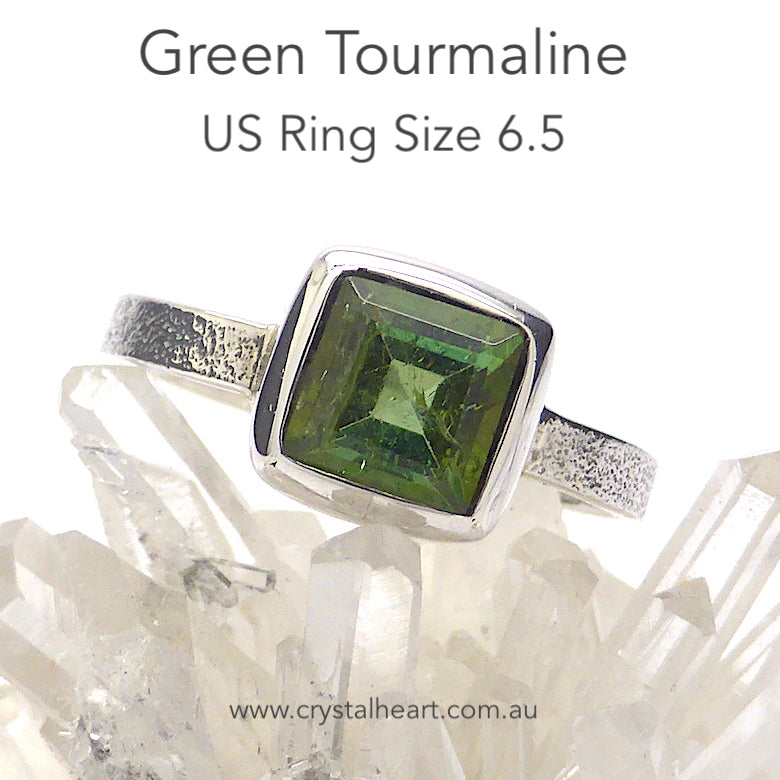 Green Tourmaline Ring | AKA Verdelite | Square Faceted Gem | 925 Sterling | Bezel Set | Distressed Band | US Size 6.5 | AUS Size M1/2 | This attractive and rare gemstone also Energises, Empowers, Unblocks and enables stamina for goals | Physical Heart and Joy | Genuine Gems from Crystal Heart Australia since 1986
