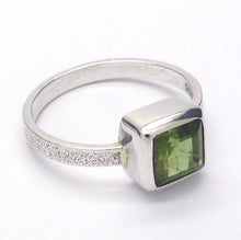 Load image into Gallery viewer, Green Tourmaline Ring | AKA Verdelite | Square Faceted Gem | 925 Sterling | Bezel Set | Distressed Band | US Size 6.5 | AUS Size M1/2 | This attractive and rare gemstone also Energises, Empowers, Unblocks and enables stamina for goals | Physical Heart and Joy | Genuine Gems from Crystal Heart Australia since 1986