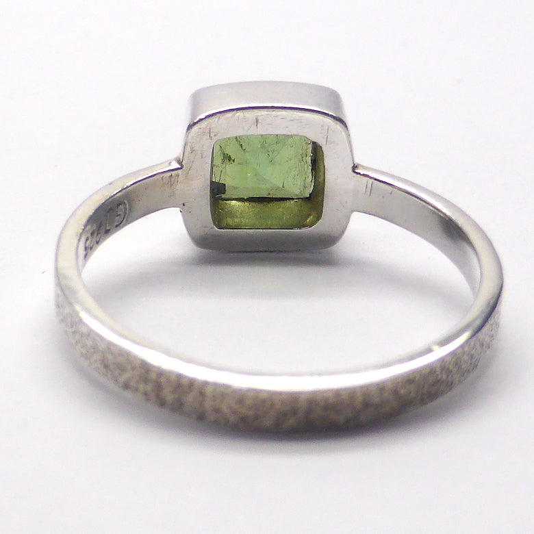 Green Tourmaline Ring | AKA Verdelite | Square Faceted Gem | 925 Sterling | Bezel Set | Distressed Band | US Size 6.5 | AUS Size M1/2 | This attractive and rare gemstone also Energises, Empowers, Unblocks and enables stamina for goals | Physical Heart and Joy | Genuine Gems from Crystal Heart Australia since 1986
