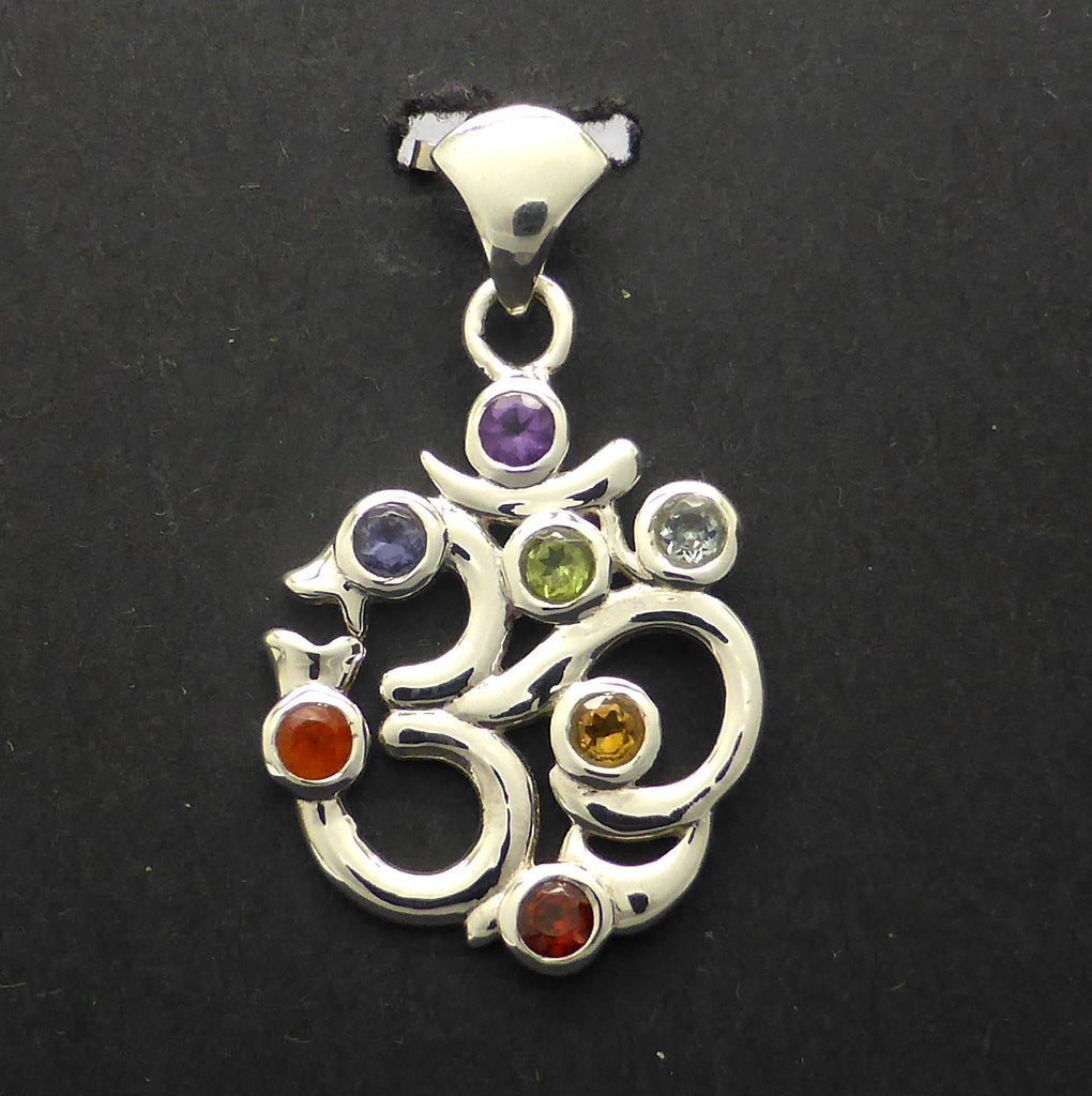 OM  Chakra Pendant | 7 Faceted Gemstones | Amethyst, Carnelian, Garnet, Iolite, Peridot, Citrine, Blue Topaz | Well Made 925 Sterling Silver | Harmony & Connection | Meditation | Silence | Lost Chord  | Genuine Gems from Crystal Heart Melbourne Australia since 1986