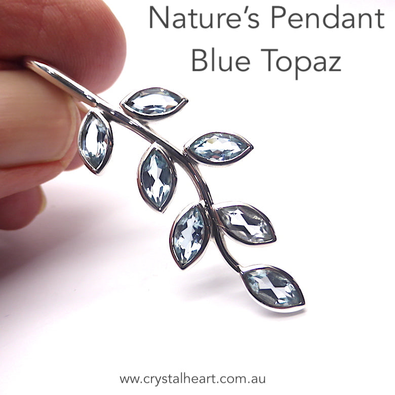Nature Pendant  | 925 Sterling Silver | Seven Faceted Marquis Gemstones set as leaves on Silver Branch | Blue Topaz | Genuine Gems from Crystal Heart Melbourne Australia since 1986