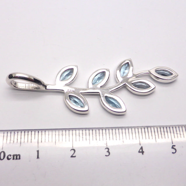 Nature Pendant  | 925 Sterling Silver | Seven Faceted Marquis Gemstones set as leaves on Silver Branch | Blue Topaz | Genuine Gems from Crystal Heart Melbourne Australia since 1986