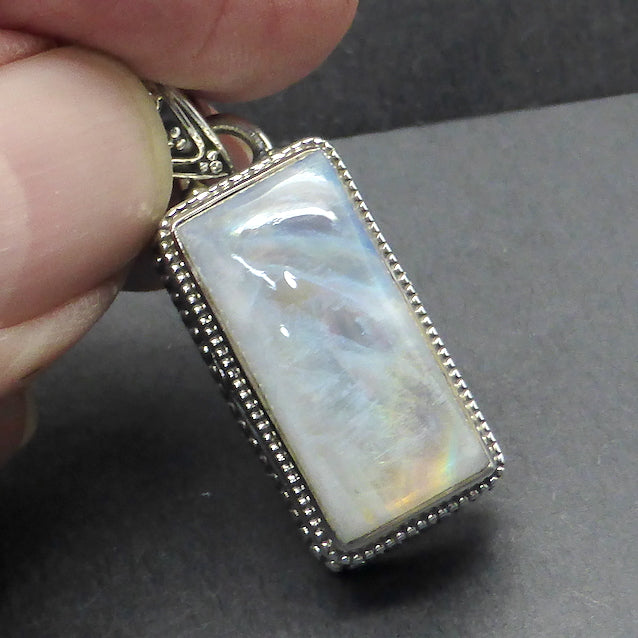 Natural Rainbow Moonstone Pendant | Cabochon | 925 Sterling Silver | Antique Handcrafted Deep Bezel | Open Back | Blue Gold Flashes | Cancer Libra Scorpio Stone | Genuine Gems from Crystal Heart Melbourne Australia 1986