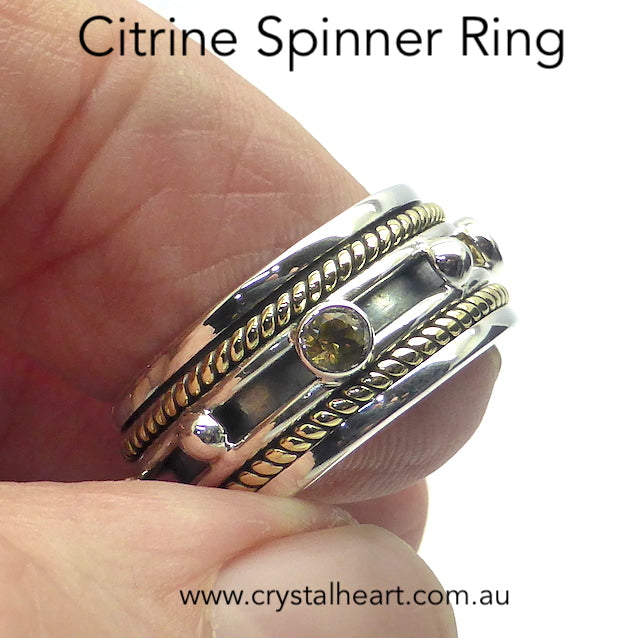Spinner Ring with 4 Citrine faceted rounds set on a central band that spins  | 925 Sterling Silver with Gold Highlights | Genuine Gems from Crystal Heart Melbourne Australia since 1986