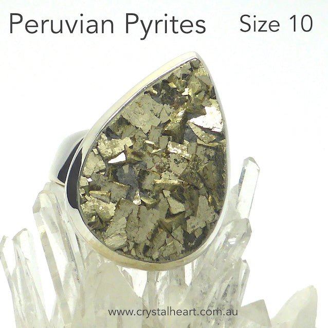 Peruvian Pyrites Cluster Ring | AKA Fools Gold | 925 Silver | US Ring Size 10 | AUS Size T 1/2 | Well formed Natural Crystals | Heart Shield Protection | Prosperity | Practical Intuition | Genuine Gemstones from Crystal Heart Melbourne since 1986