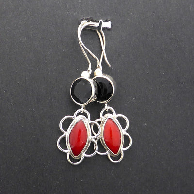 Earrings, Black Onyx Round Facet over Red Coral Marquise  | 925 Sterling Silver |  Genuine Gemstones from Crystal Heart Melbourne Australia since 1986
