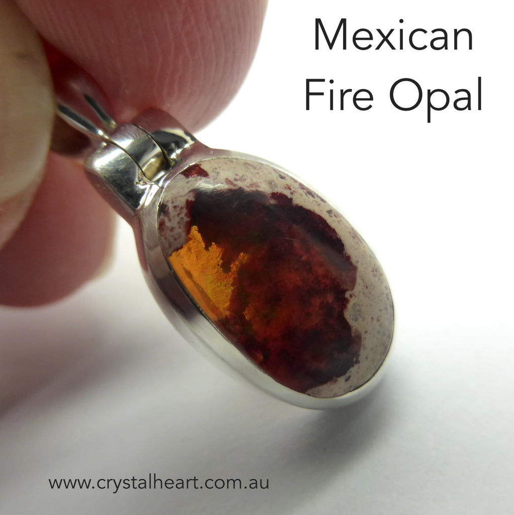 Mexican Fire Opal Pendant | Small Oval Cabochon | 925 Sterling Silver | Deep Orange Red | Green flash | Leo Libra Aries Leo Sagittarius | Luck Creativity Abundance Passion | Grounding, good for creative business | Genuine Gems from Crystal Heart Melbourne Australia since 1986
