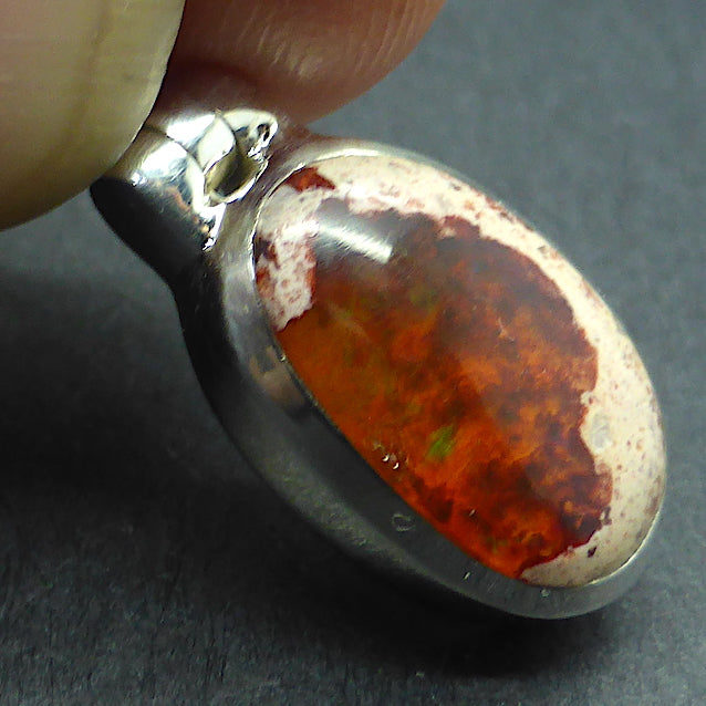 Mexican Fire Opal Pendant | Small Oval Cabochon | 925 Sterling Silver | Deep Orange Red | Green flash | Leo Libra Aries Leo Sagittarius | Luck Creativity Abundance Passion | Grounding, good for creative business | Genuine Gems from Crystal Heart Melbourne Australia since 1986