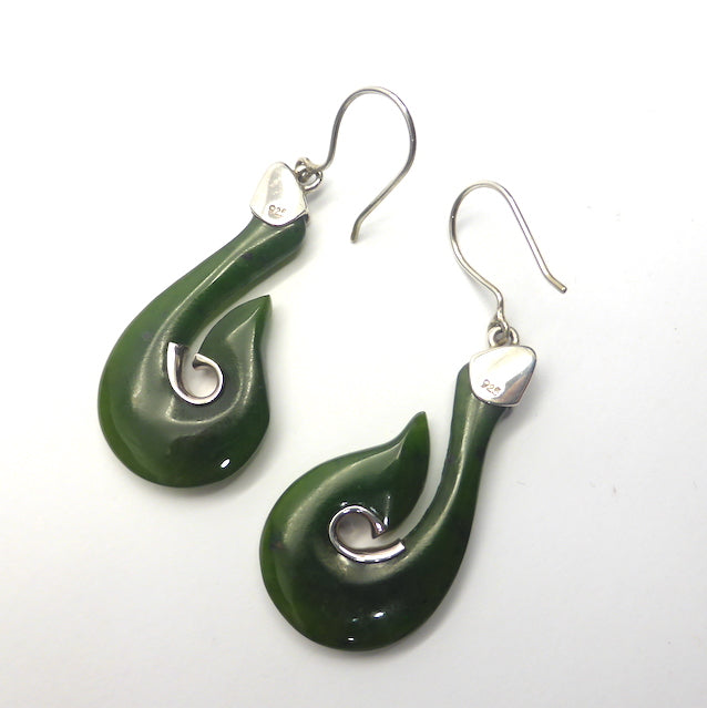 Hand carved Nephrite Jade Earrings |  Organically carved Fish Hook | 925 Silver | traditional Maori work | Genuine Gems from Crystal Heart Melbourne Australia since 1986