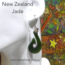Load image into Gallery viewer, Hand carved Nephrite Jade Earrings |  Organically carved Fish Hook | 925 Silver | traditional Maori work | Genuine Gems from Crystal Heart Melbourne Australia since 1986