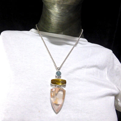 Rose Garden Lodolite Quartz, Natural Citrine and Aquamarine Pendant | 925 Sterling Silver | Flawless A Grade Citrine | Abundant Energy Repel Negativity | Spiritual Vision | Genuine Gems from Crystal Heart Melbourne Australia  since 1986