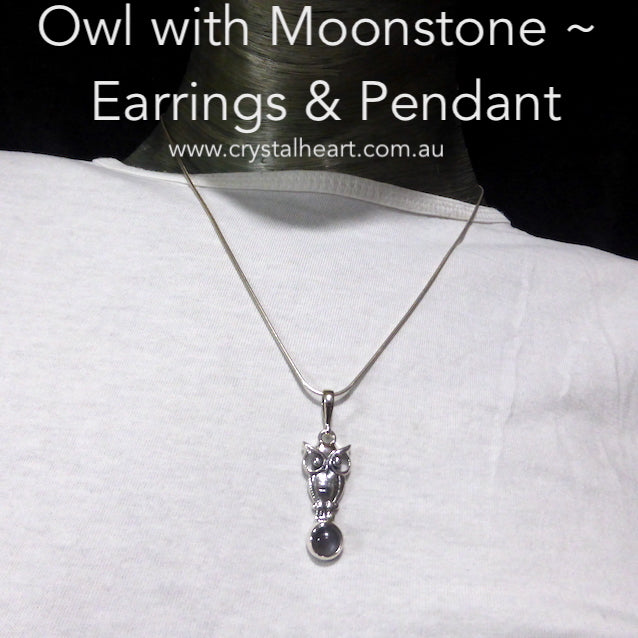Owl Pendant | 925 Sterling Silver | Quality Setting | Sitting on Dark Moonstone | Virgo Stone | Genuine Gems from Crystal Heart Melbourne Australia since 1986