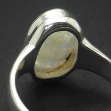 Load image into Gallery viewer, Ring Rainbow Moonstone Ring | Faceted Oval Cut | Blue Gold Turquoise Flash | 925 Sterling Silver | Bezel Set, Heavy Signet Style, open Back | US Size 8.5 | AUS Size Q1/2 | Cancer Libra Scorpio | Genuine Gems from Crystal Heart Melbourne Australia since 1986
