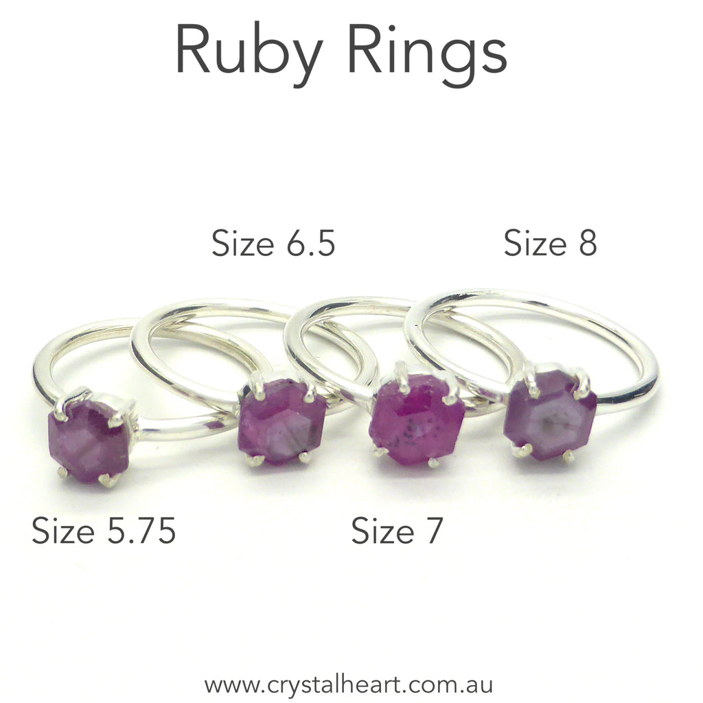 Small but perfect faceted slice of natural Ruby Crystal showing internal structure | Pinkish Red | 925 Sterling Silver | Strong Claw set | Genuine Gems from Crystal Heart Melbourne Australia  since 1986