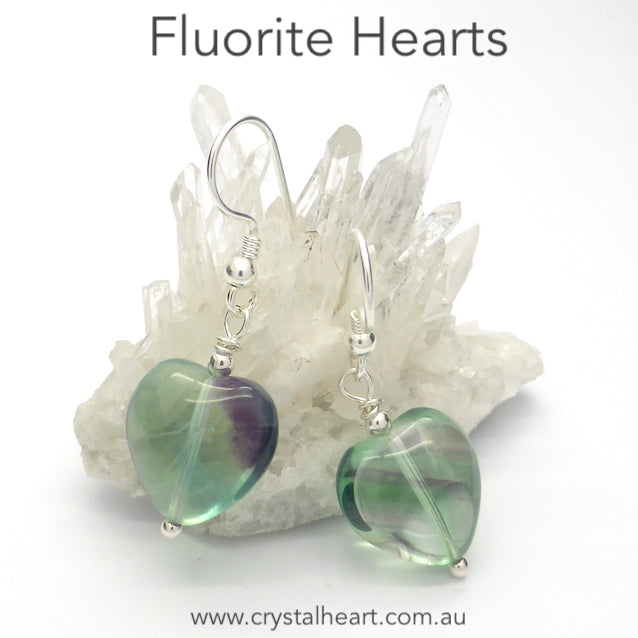 Fluorite Heart Earrings | Green with some purple zoning | 925 Sterling Silver Findings | Fair Trade | Genuine Gems from Crystal Heart Melbourne Australia since 1986