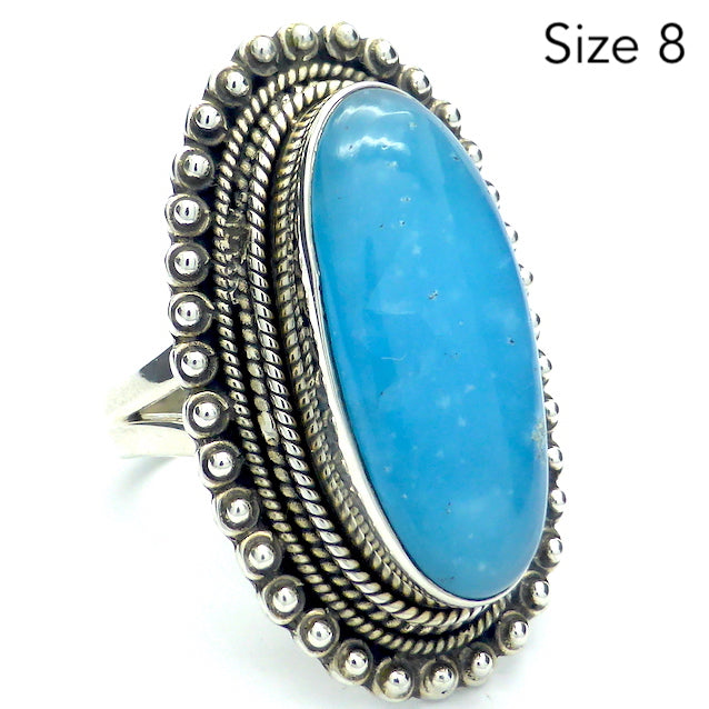 Smithsonite Ring | Oval Cabochon | Delicious Sky Blue | Classic Bezel set with open Back | Antique wide border | US Size 8 | AUS or UK size P 1/2 | Calm Emotional Healing Balance | Pisces Virgo | Genuine Gems from Crystal Heart Melbourne Australia since 1986