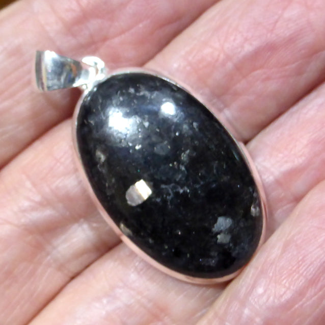 Nuummite Pendant | 925 Sterling Silver | Oval Cabochon | Black with Golden Flecks | Soul Retrieval | Clear emotional entanglements | Genuine Gemstones from Crystal Heart Melbourne Australia since 1986 | nuumite | nummite