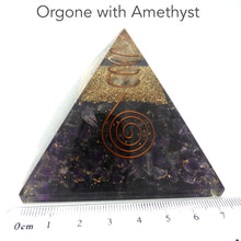 Load image into Gallery viewer, Orgonite Pyramid with genuine Amethyst Chips | Clear Crystal Point conduit in Copper Spiral | Accumulate Orgone Energy | Perfect Purple Amethyst | Harmony and Purifying Energies | Meditation | Crystal Heart Melbourne Australia since 1986