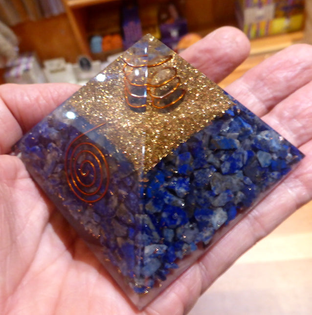 Orgonite Pyramid with genuine Lapis Lazuli | Clear Crystal Point conduit in Copper Spiral | Accumulate Orgone Energy | Meditation | Silent Mind | Inner Truth | Crystal Heart Melbourne Australia since 1986