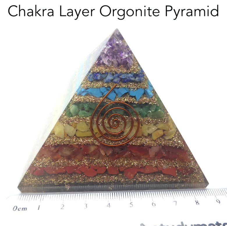 Orgonite Pyramid with genuine Chakra Stones | Clear Crystal Point conduit in Copper Spiral | Accumulate Orgone Energy | Balance and Energise whole system | Red Jasper, Carnelian, Golden Quartz, Emerald, Turquoise, Lapis Lazuli and Amethyst | Crystal Heart Melbourne Australia since 1986