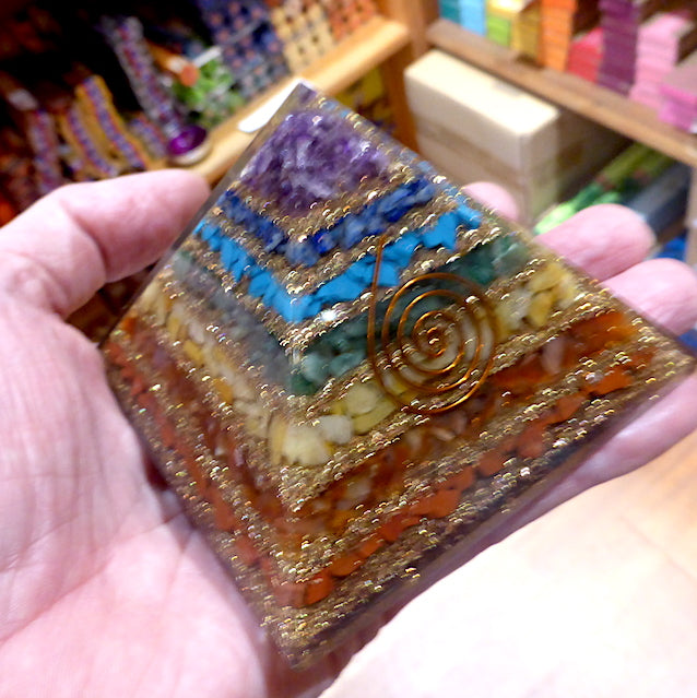 Orgonite Pyramid with genuine Chakra Stones | Clear Crystal Point conduit in Copper Spiral | Accumulate Orgone Energy | Balance and Energise whole system | Red Jasper, Carnelian, Golden Quartz, Emerald, Turquoise, Lapis Lazuli and Amethyst | Crystal Heart Melbourne Australia since 1986
