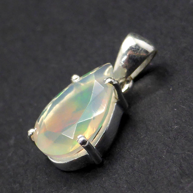 Ethiopian Solid Opal Pendant | Small Faceted Teardrop Cabochon | Green & Red Flash | 925 Silver | Claw Set | Open Back | Genuine Gems from Crystal Heart Australia since 1986