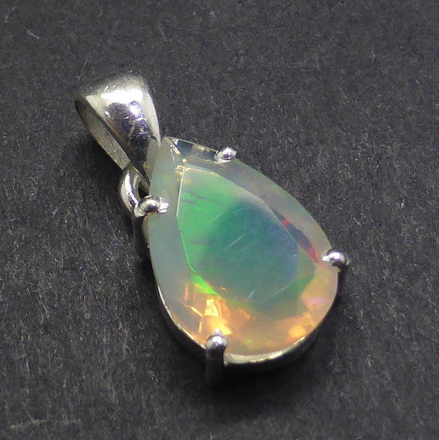 Ethiopian Solid Opal Pendant | Small Faceted Oval Cabochon | Green & Red Flash | 925 Silver | Claw Set | Open Back | Genuine Gems from Crystal Heart Australia since 1986