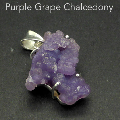 Purple Grape Chalcedony Pendant | Claw set | Open Back | 925 Sterling Silver | Beautiful formation of Purple Botryoidal Chalcedony from Indonesia | Magical formation to inspire the imagination | Combines Amethyst and Chalcedony | Genuine Gems from  Crystal Heart Melbourne Australia since 1986.