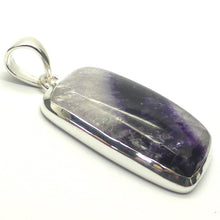 Load image into Gallery viewer, Fluorite Pendant | Blue John | Derbyshire UK | Oblong Cabochon | 925 Sterling Silver | Purple and Gold background | Study | Pisces, Capricorn | Genuine Gems from Crystal Heart Melbourne Australia since 1986