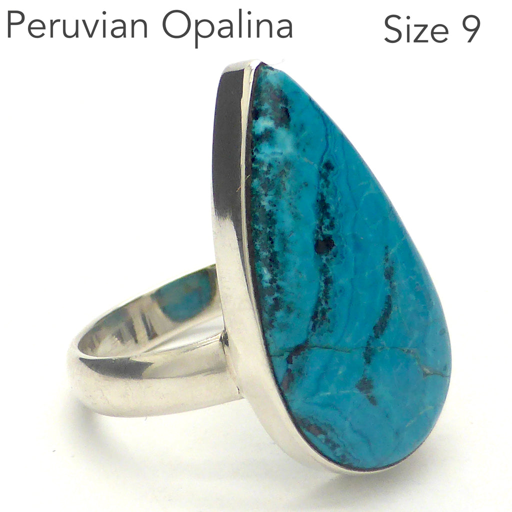 Peruvian Opalina Ring | Teardrop Cabochon | 925 Sterling Silver Setting | US Size 9 | AUS Size R1/2 | Uplift and protect the Heart | Connect Heaven and Earth | Peaceful Power | Spiritual Silence  Creativity | Expression | Genuine Gems from Crystal Heart Melbourne Australia since 1986