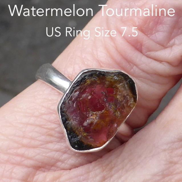 Watermelon Tourmaline Ring | Raw Slice | 925 Sterling Silver Band | US Size 7.5 | AUS Size O1/2 | Star Stone Virgo Gemini Libra Taurus | Genuine Gems from Crystal Heart Melbourne Australia since 1986