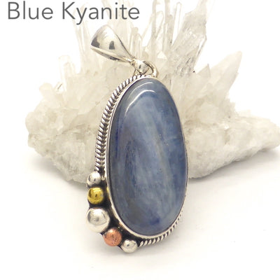Cabochon of Blue Kyanite | Freeform Oval | 925 Sterling Silver | Silver Rope and Ball work | rose and yellow gold plate | Protective for EMFs | Doesn't hold Negativity | Spiritual Vision | Improves Perception | Genuine Gems from Crystal Heart Melbourne Australia since 1986